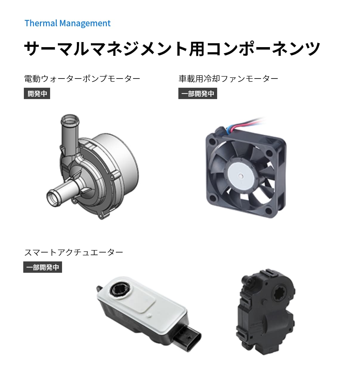 Thermal Management サーマルマネジメント用コンポーネンツ 電動ウォーターポンプモーター 開発中 車載用冷却ファンモーター 一部開発中 スマートアクチュエーター 一部開発中