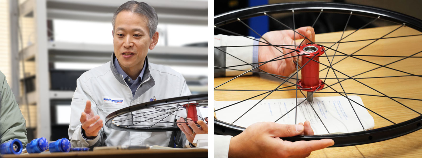 最初のサンプルを組み込んだホイールを手に取る安藤さん