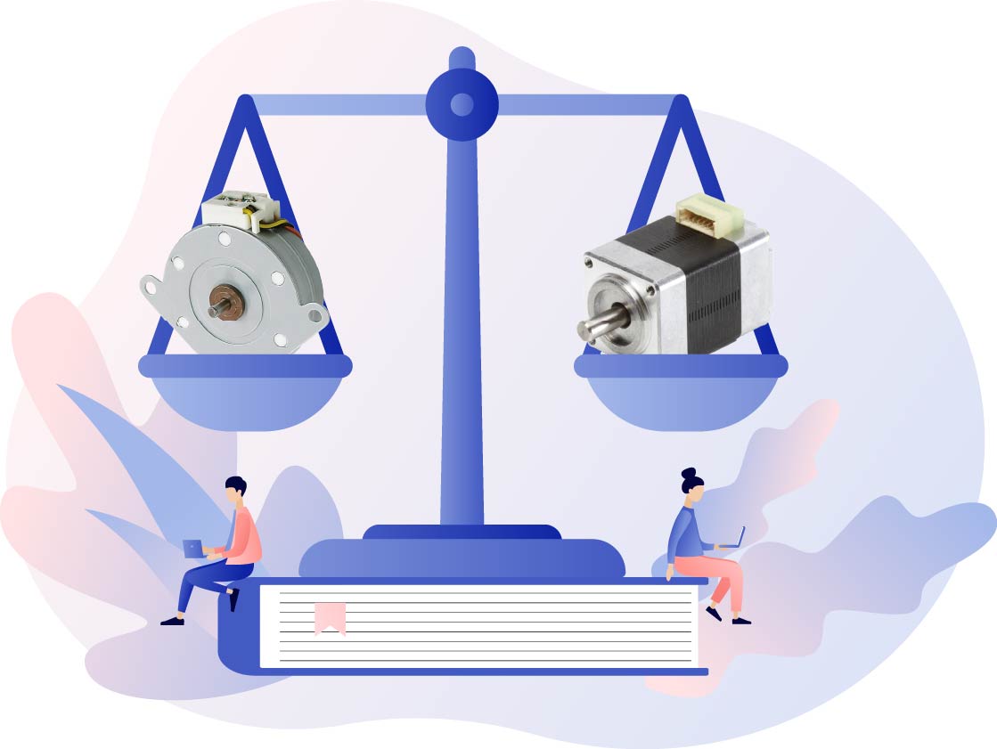 An illustration of a balance scale comparing PM and hybrid stepper motors.